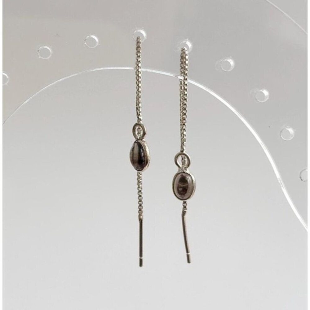 Teardrop Shaped Smoke Glass Threader Style Sterling Silver 925 Dangle Earrings